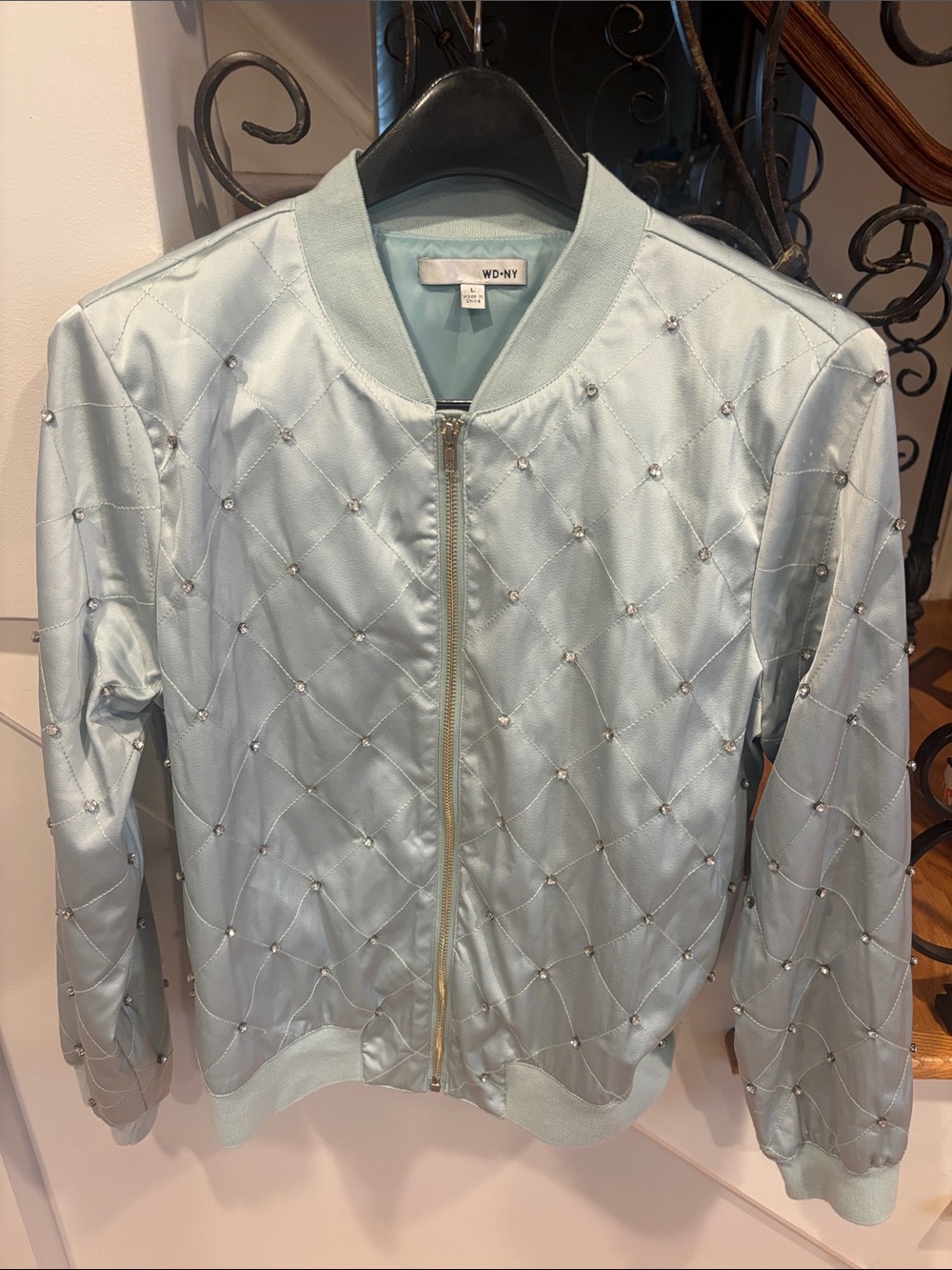 WD.NY Pastel Blue Quilted Bomber Jacket with Embellished Studs
